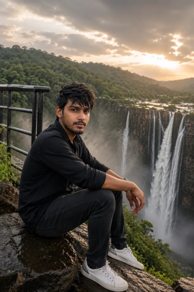Realistic Waterfall Portrait AI Prompt
